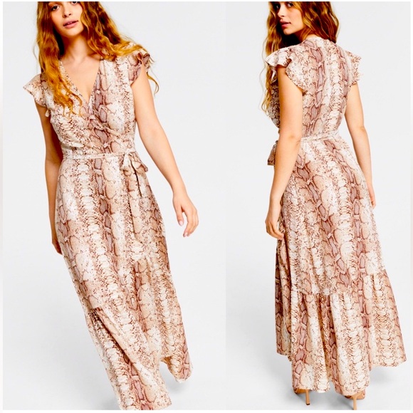 Bar III Dresses & Skirts - Bohemian, Bar III Snakeskin, Animal Print Wrap-Style Maxi Festival Dress, Sz M